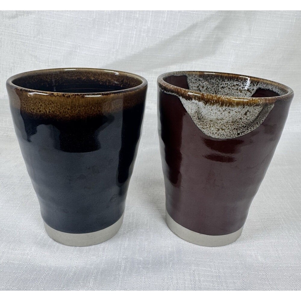 Vintage Handmade Ceramic Cups Yunomi Japanese Style Set of 2 Glazed Pottery 4.5